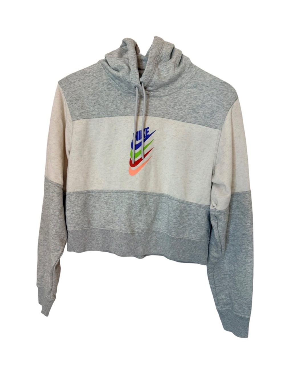 Nike Cropped Hoodie Women’s XS Gray Cream Colorblock Multicolor Logo Sweatshirt - Picture 2 of 8
